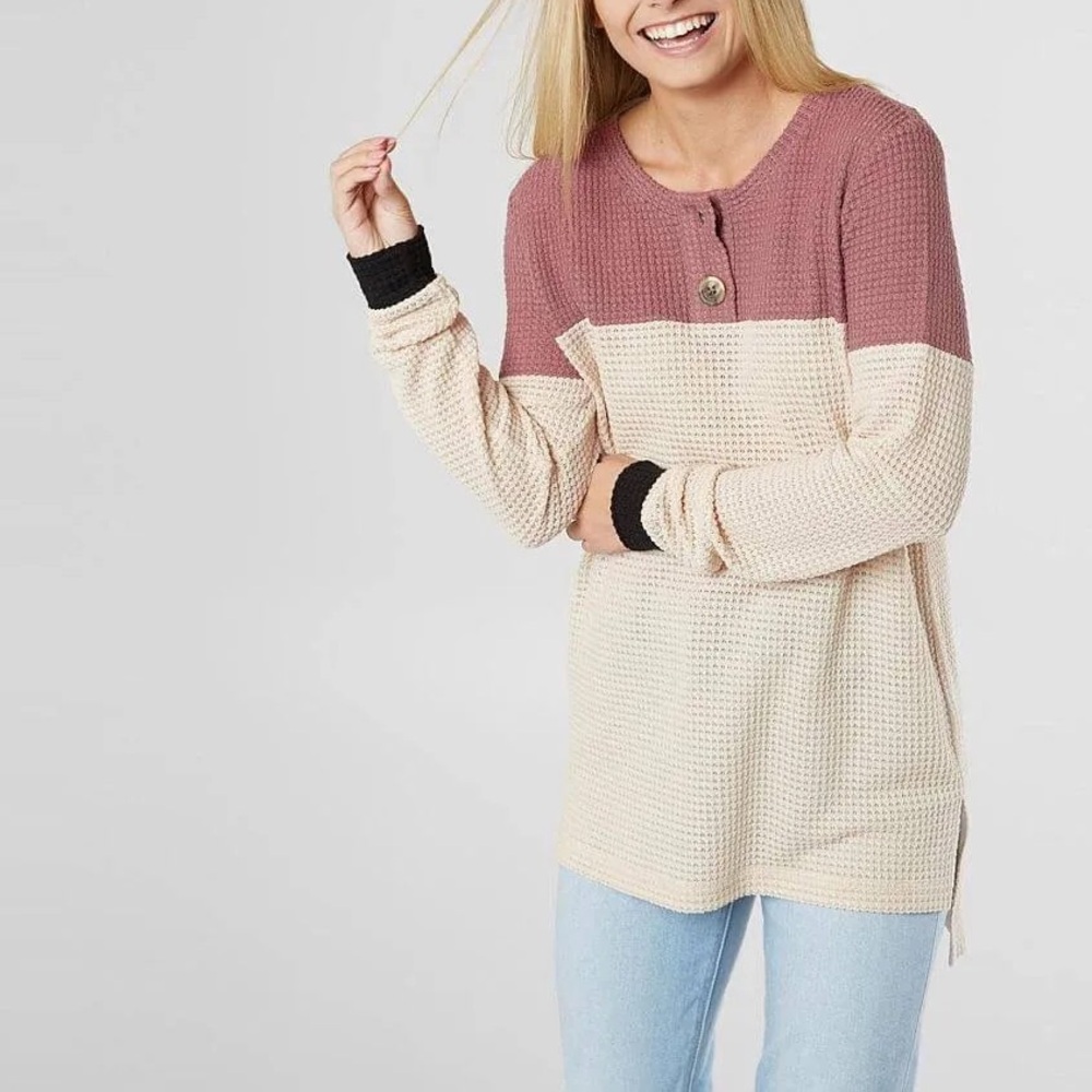 Daytrip Waffle Knit Colorblock Long Sleeve Top - Mauve, Cream, Black Trim